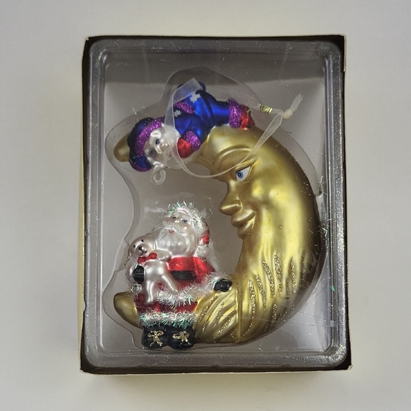 Gold Moon Glass Ornament with Santa and Elf - Picture 2 of 10